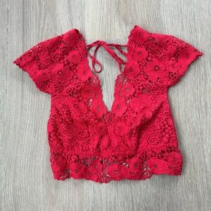 NWOT Anthropologie Alandra Cap-Sleeve Elegant Red Lace Bralette Top